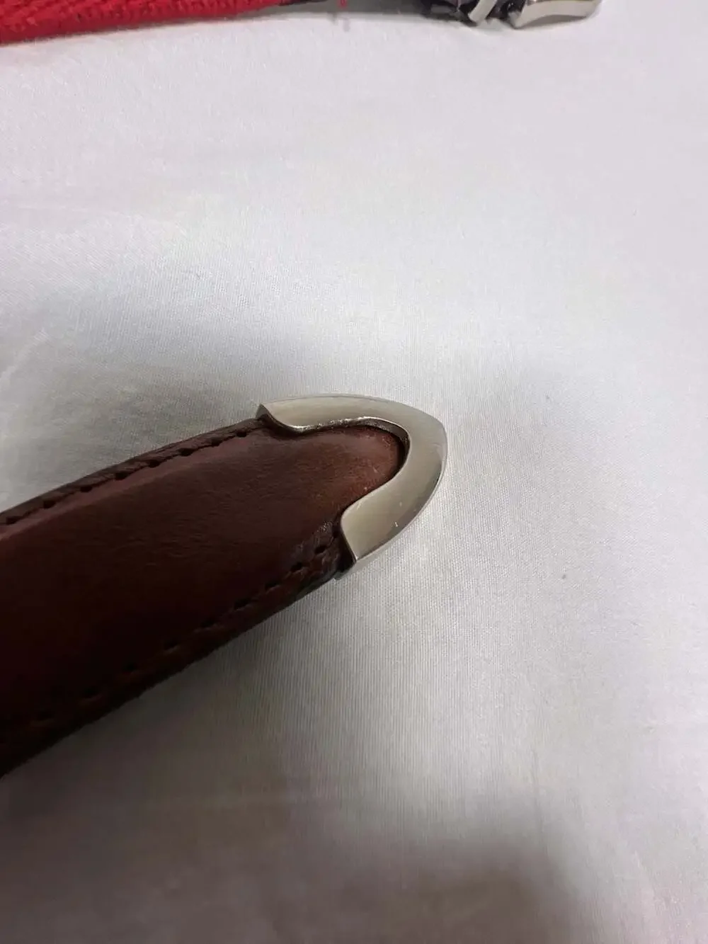 Woolrich Red Woven Canvas Belt with Brown Leather Accents and Solid Brass Buckle